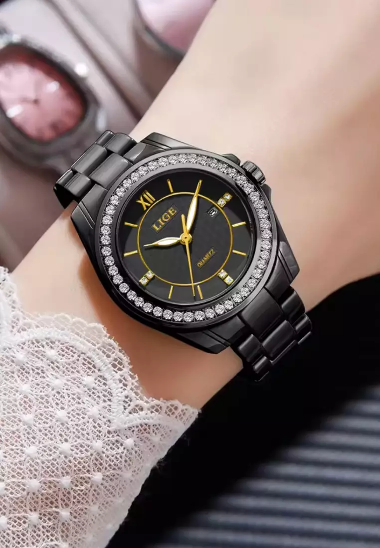 Ladies Alloy Quartz Watch, 32mm , Paved with Crystals, Ceramic Bracelet