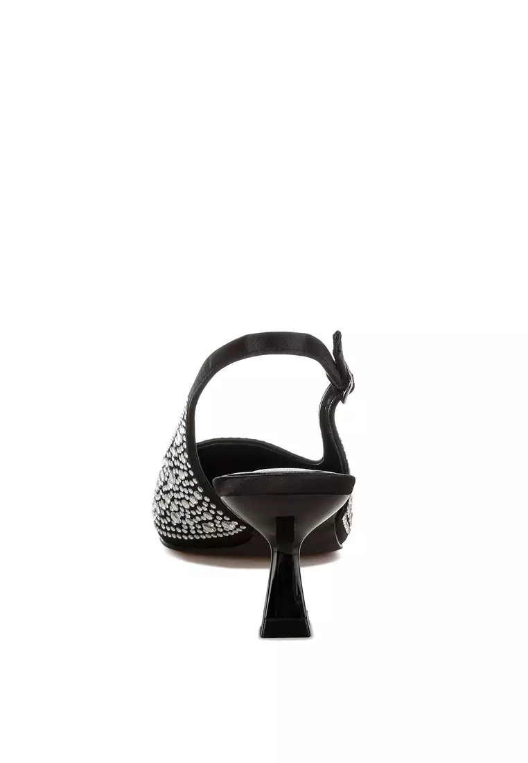 Sepatu Slingbacks Berhias Berlian Imitasi Ujung Lancip Warna Hitam