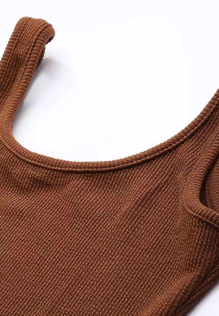 Ribbed Knit Slit Tank Dress In Brown