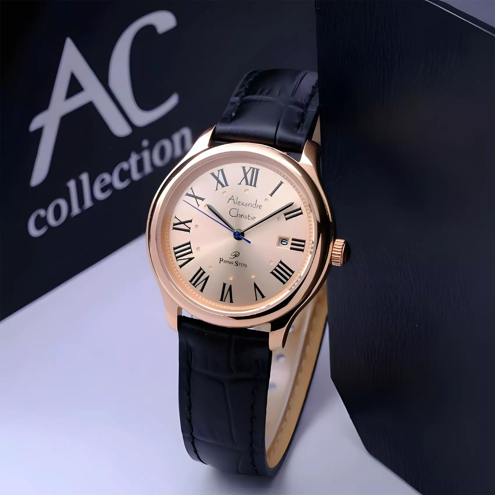 Alexandre Christie Primo Steel - Jam Tangan Analog Wanita - Rose Gold Case - Black Leather Strap - 1042 LDLRGLN