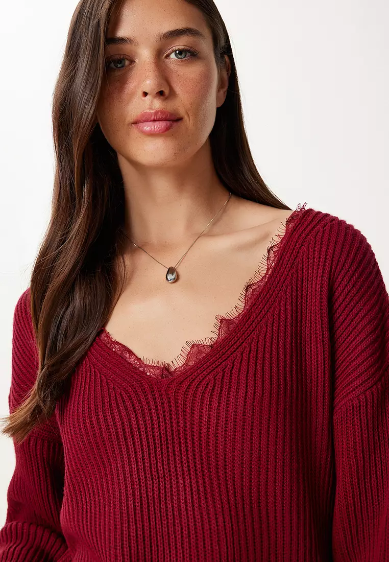 Women's Burgundy Lace Detailed Knitwear Sweater Ki̇00141