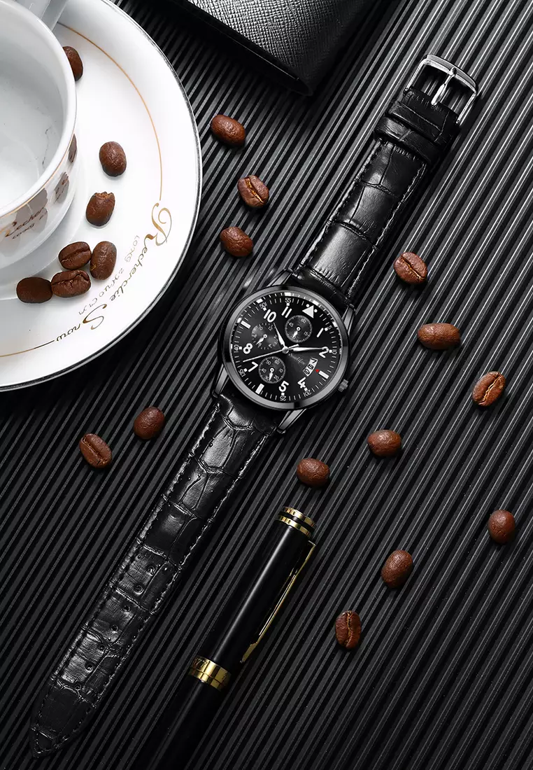 Jam Tangan Pria 7004 Original Anti Air Kuarsa Tali Kulit Jam Tangan Cowok black