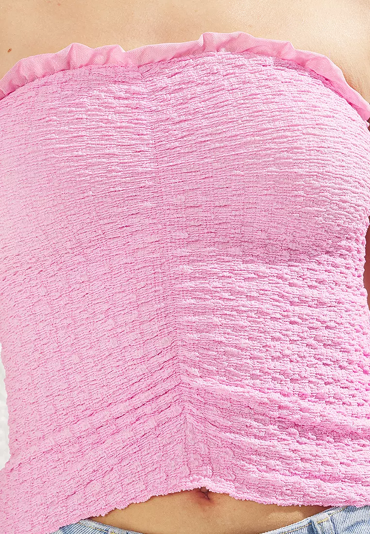 Textured Fitted/Fits Crop Gathered/Drape Detail Stretchy Knitted Blouse
