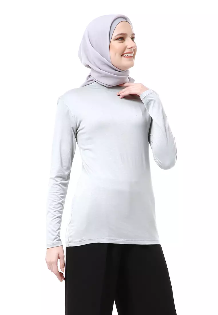 Zlora Manset Atasan Wanita Motif Polos Long Sleeve Reguler Fit - Silver