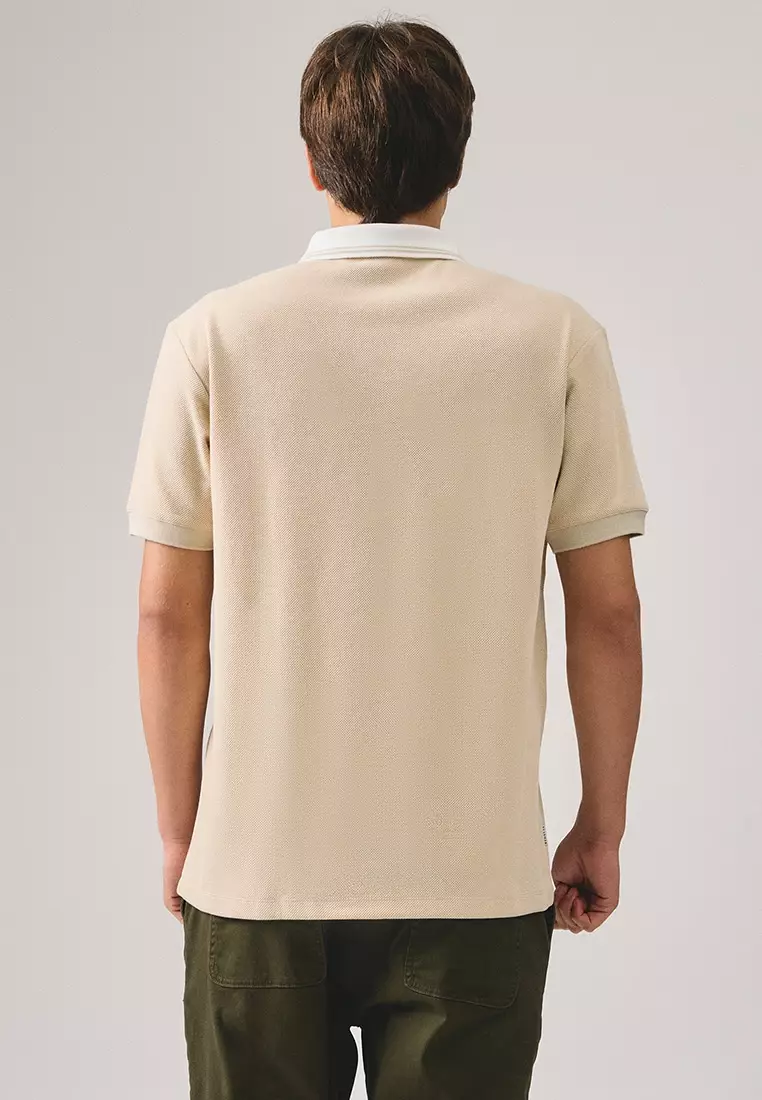 Regular Fit Polo Shirt With Contrast Placket & Collar In Honeycomb Pique