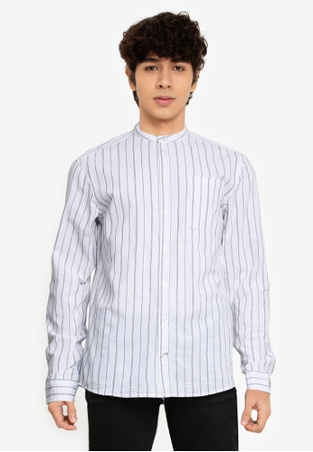BLEND white Grandad Collar Striped Resort Shirt DEB75AA80E6E89GS_1