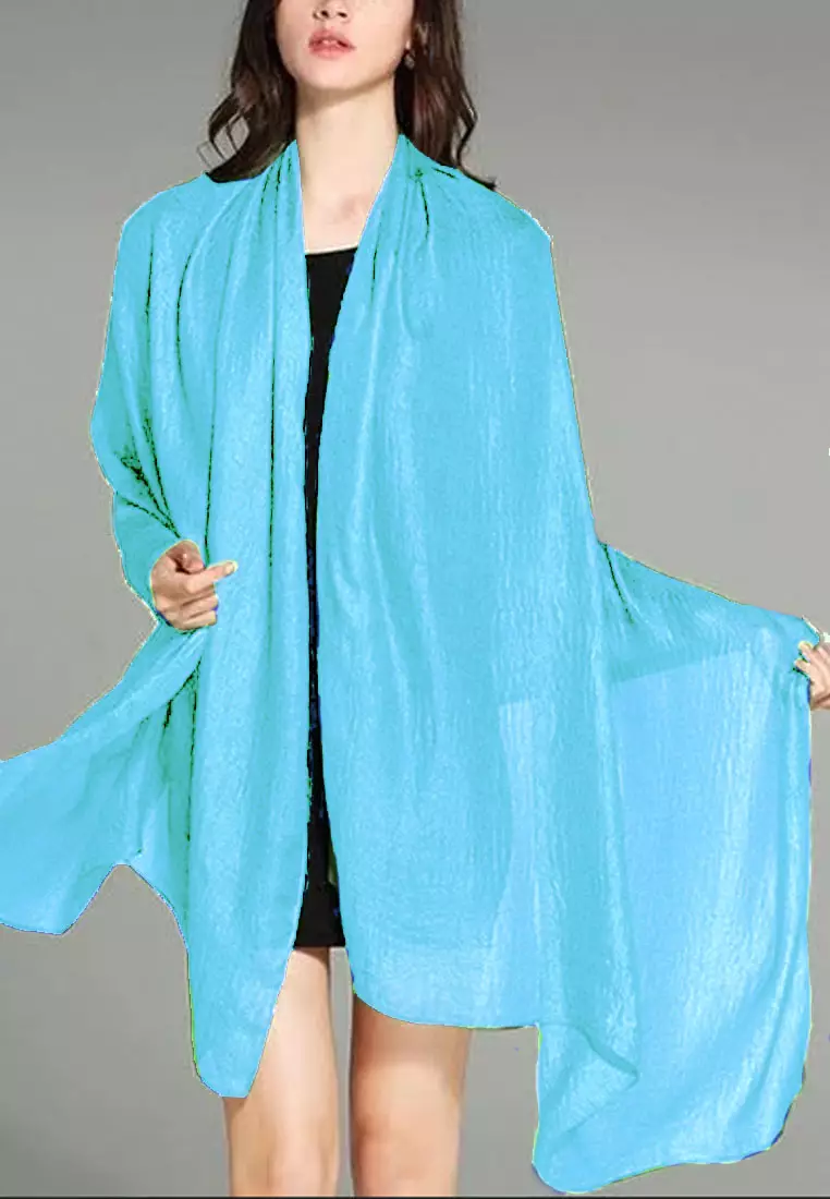 Women's Accessories Plain Silk-Feel Shawl Syal Wanita Sutra Polos Sky Blue