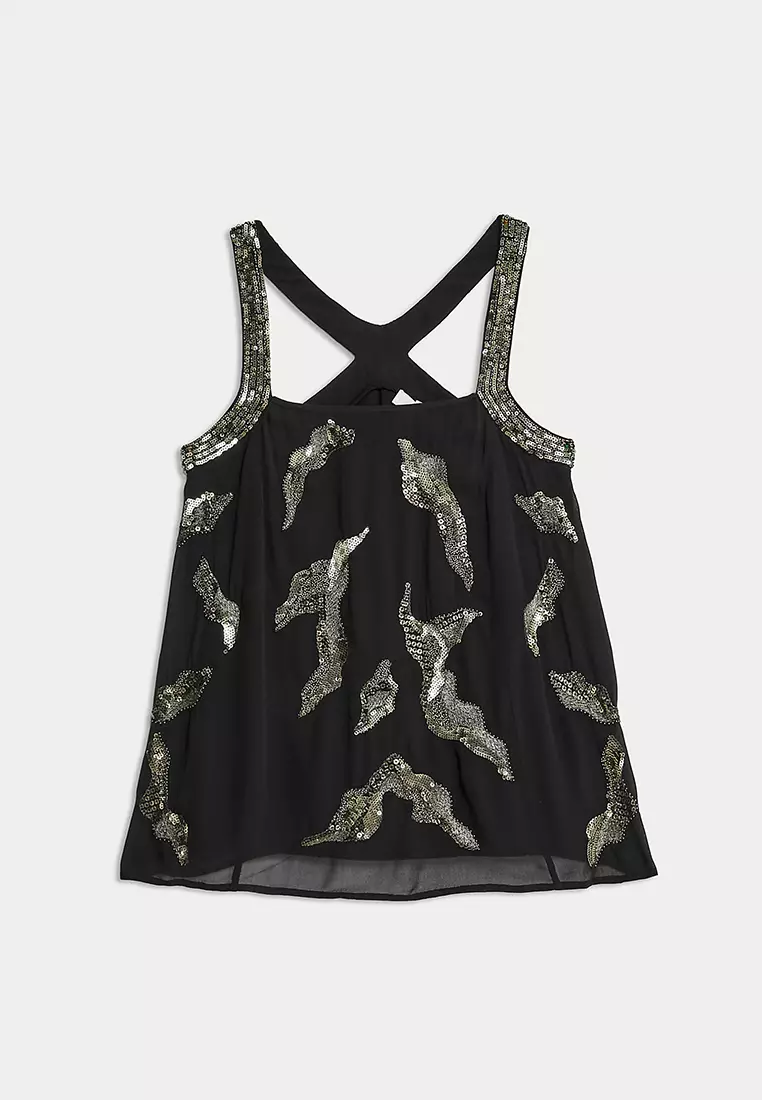 Sequin Embellished Square Neck Cami Tops