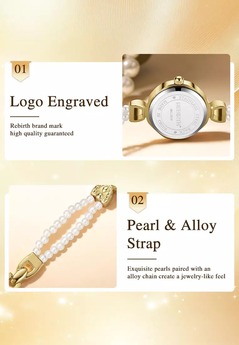 Jam Tangan Wanita Tali Mutiara Alloy Anti Air Quartz Elegan Warna Gold Pink