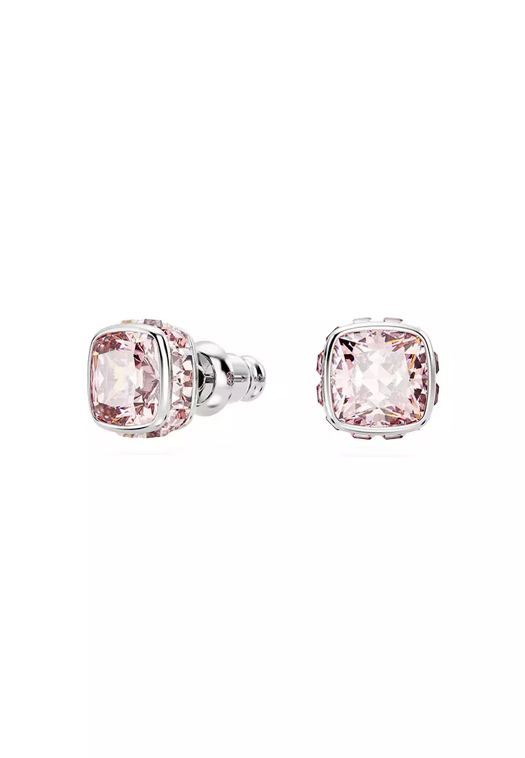 Birthstone Stud earrings, Square Cut, June, Pink, Rhodium Plated