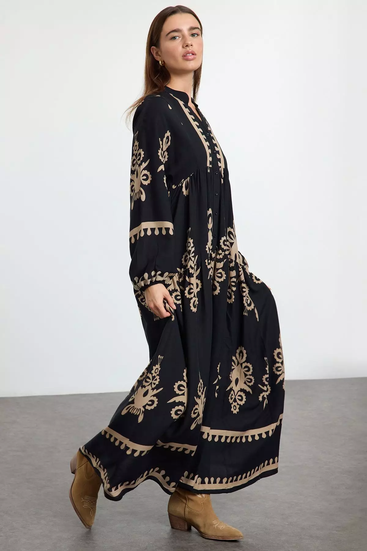 Black Authentic Patterned Viscose Woven Dress TCTSS24EB00221