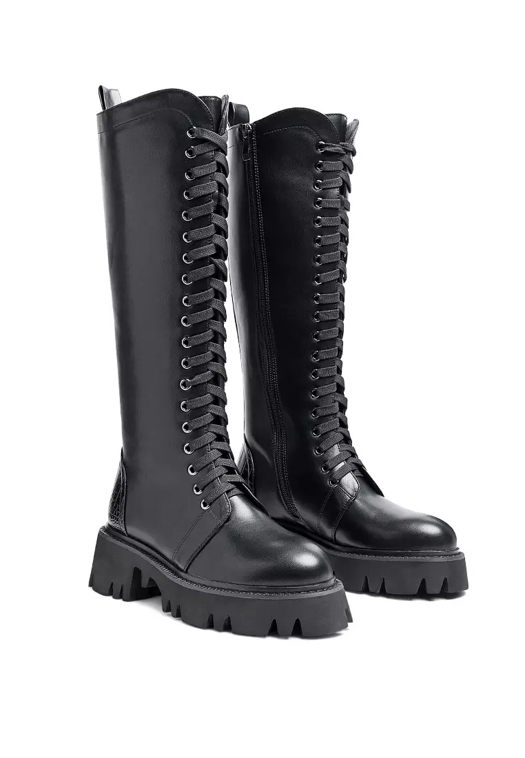 Chunky black leather ankle top boots