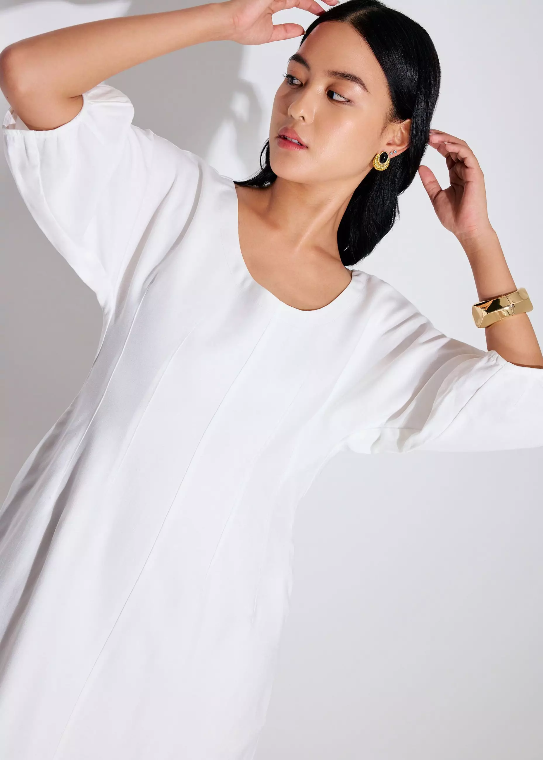 Dress Wanita - Scoop Neck Puff Sleeve A-Line Mini Dress
