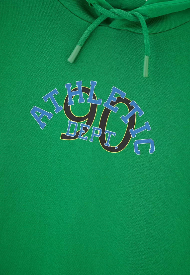Green Sweatshirt, Slogan Printed, Hooded, Regular Fit, Long Sleeve Loungewear for Boys