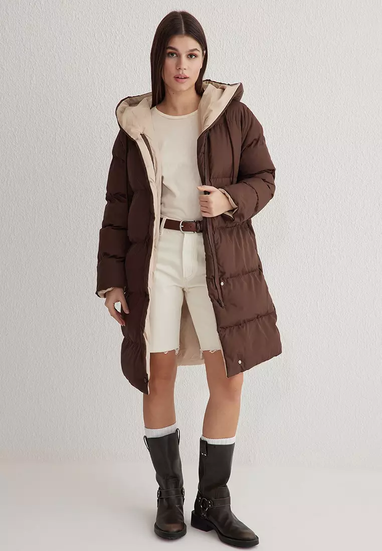 Dark Brown-Ecru Double-Sided Hooded Water Repellent Long Puffer Jacket TWOAW23MO00052