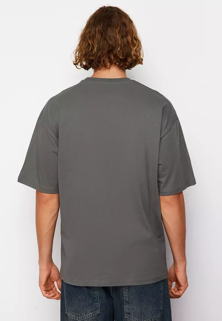 Anthracite Oversized/Wide Cut Short Sleeve Landscape Embroidered T-Shirt