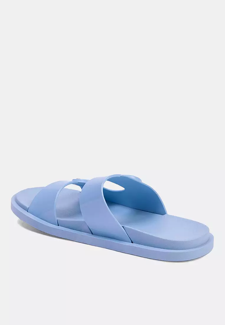 Baby Blue Double Striped Buckle Detailed Women's Slippers Takss25Te00060