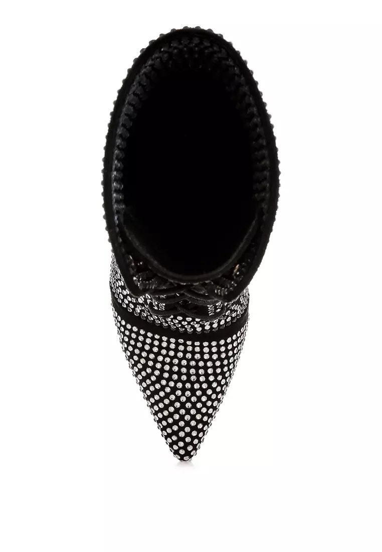 Rhinestones Embellished Calf Boots in Black