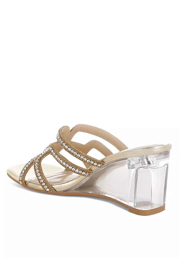 Metallic Rhinestone Clear Wedge Sandals In Gold