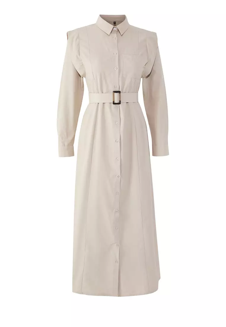 Beige Belt Buckle Detailed Woven Terrycotton Dress Tctss25Eb00134