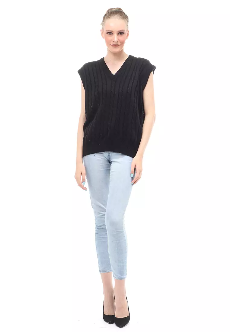 Urice Vest Rajut Atasan Wanita V-neck Sleeves Design Elegant - Black