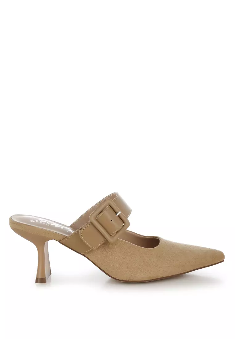 Discount on London Rag  shoes - SKU: Microfiber Pointy Slip-On Mules in Beige