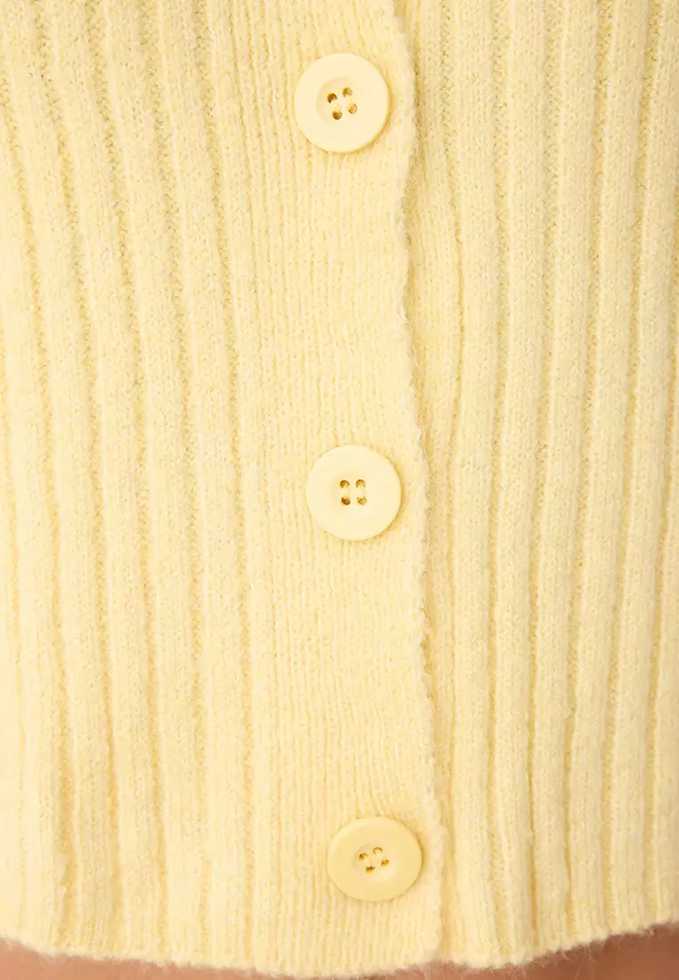 Yellow Crop Soft Textured Stand Collar Knitwear Cardigan