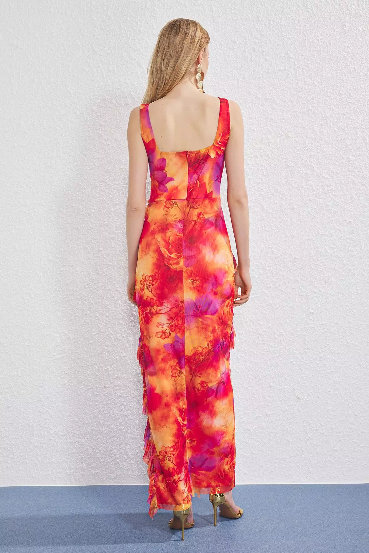 Multicolored Ruffle Detailed Tulle Lined Maxi Evening Prom Dress TPRSS25AE00174