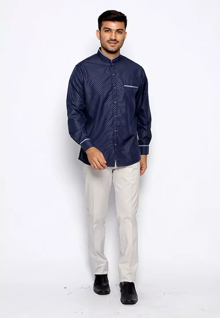 Casella Baju Koko Pria Lengan Panjang| Kemeja Koko Emboss Zayn Series 9959 Navy