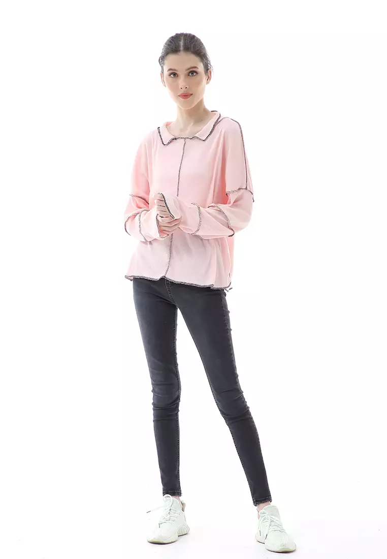 Veronica Blouse Terbalik Relaxed Motif Polos Long Sleeve Premium Quality - Pink