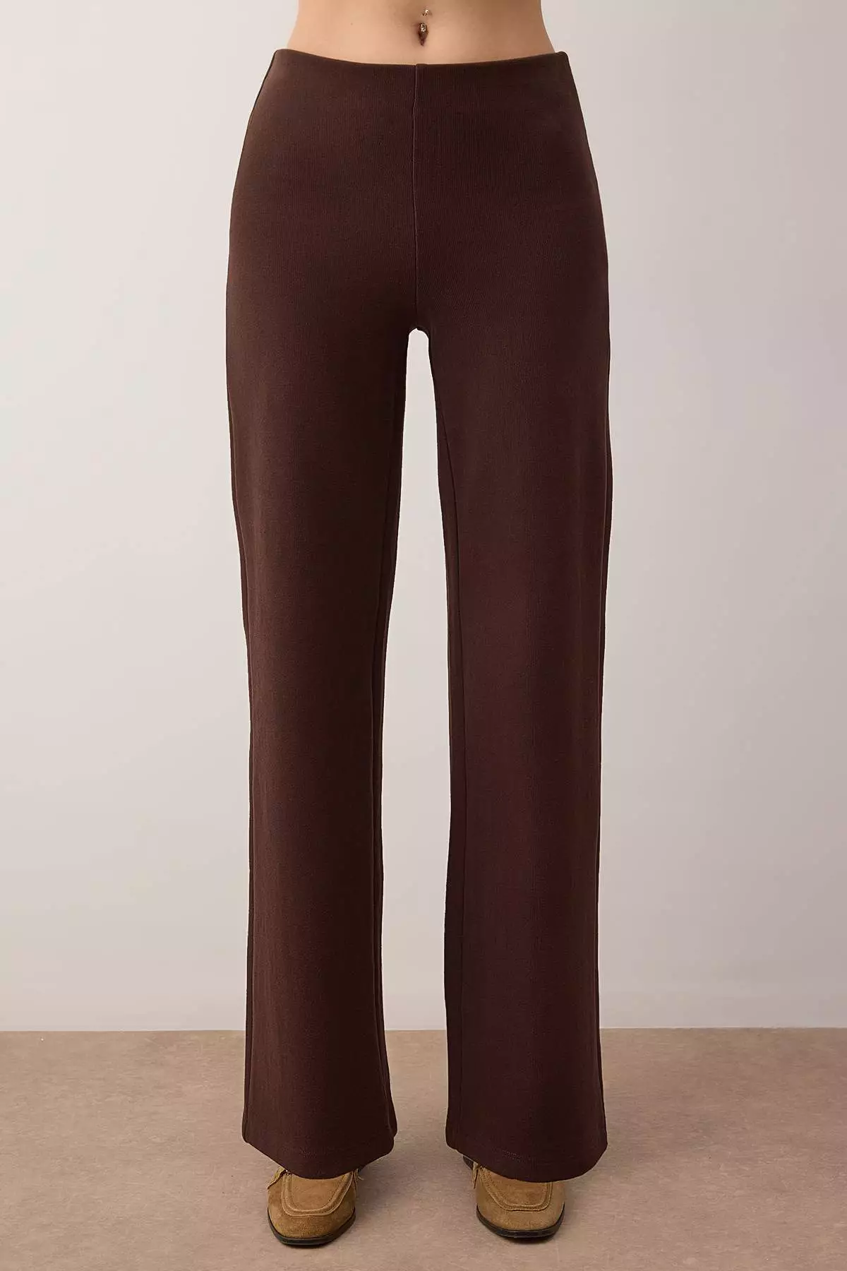 Brown Thessaloniki Buttoned Waist Open Wide Leg/Palazzo Bottom Knitted Bottom - Top Set Twoaw26Au92