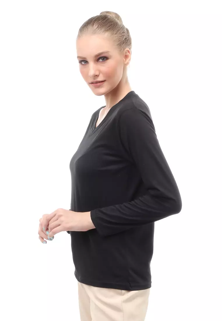Kaos Polos Atasan Wanita V-Neck Lengan Panjang Design Simple Relaxed Fit - Hitam
