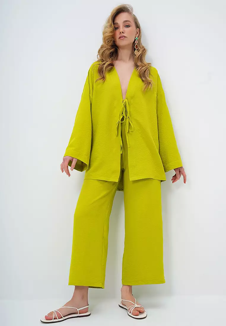 Buy Alacati Women's Oil Green Lace-Up Kimono Jacket And Palazzo
