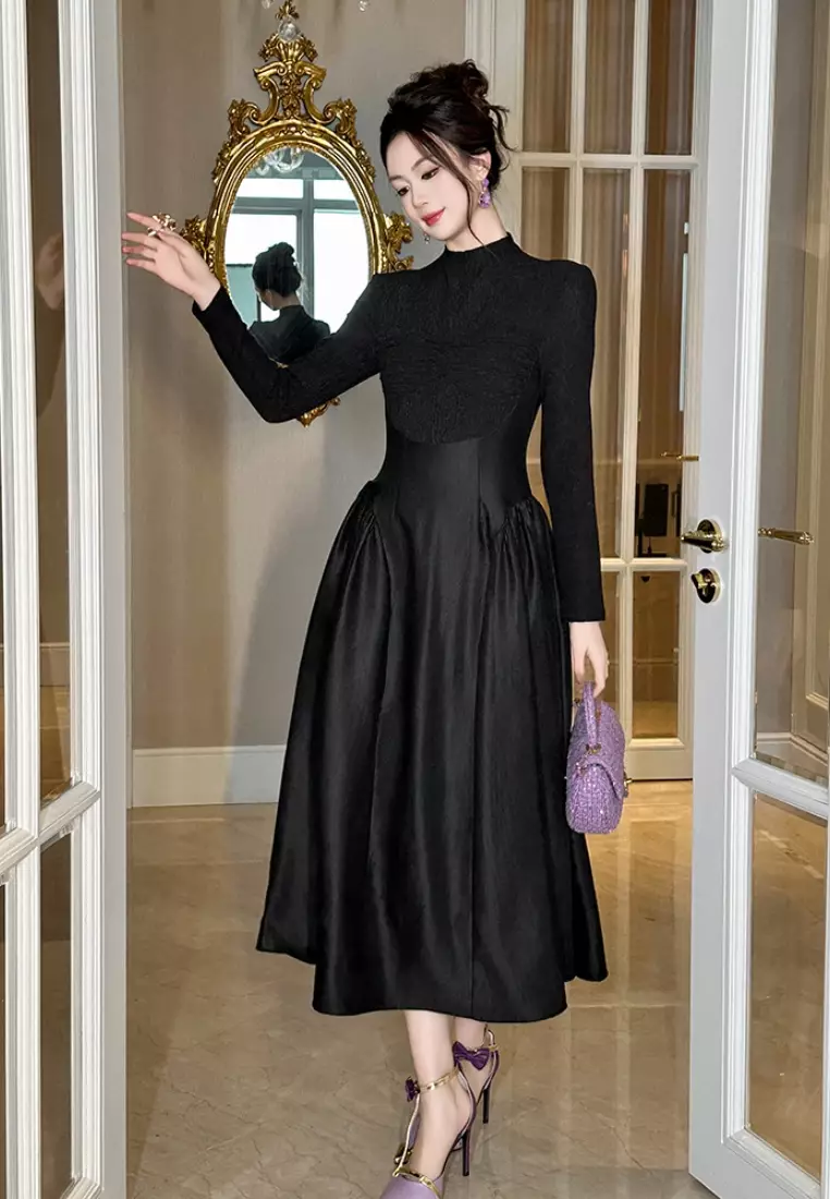 New French-style stand-up collar slim-fit black dress CA25110332BK