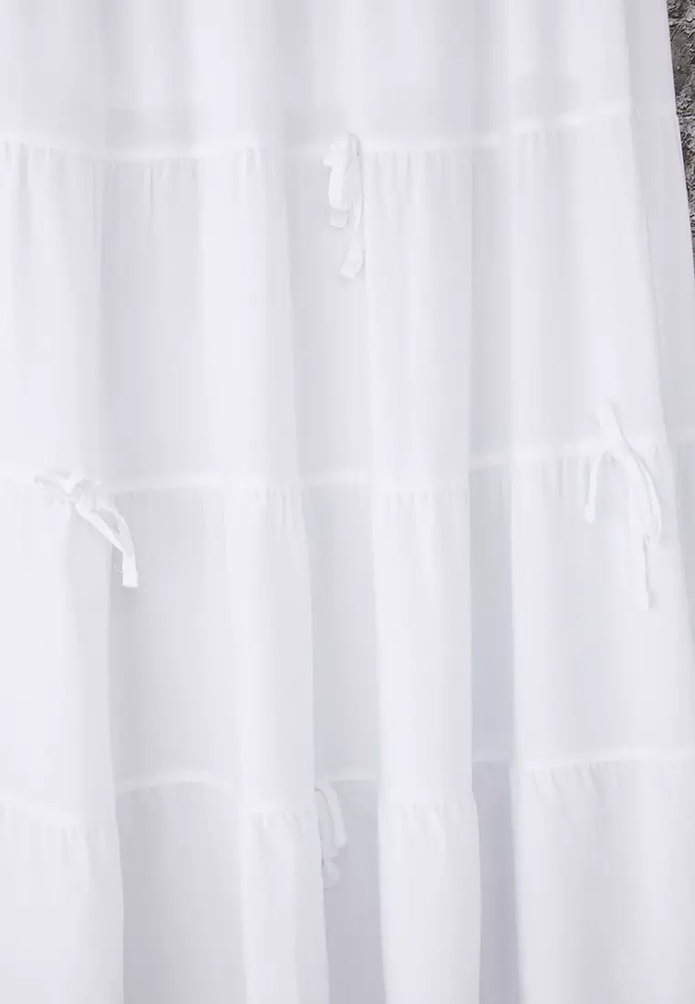 White Bow Detailed A-line Pattern Flounce Maxi Skirt TWOSS25ET00090