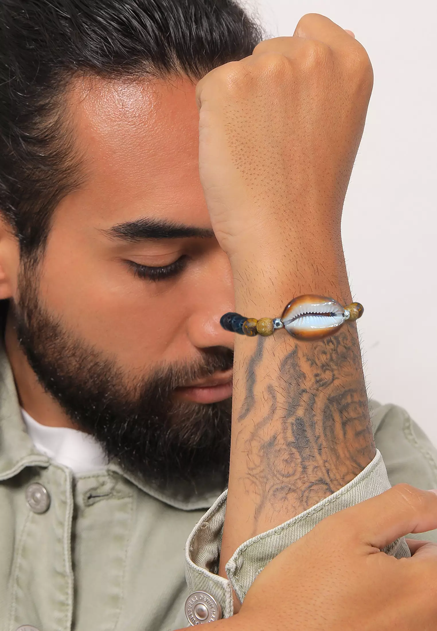 Bracelet Men Kauri Shell Pendant Lava And Tiger Eye Beads