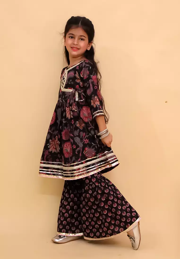 The Mom Store Kaali Katha Block Print Girls Anarkali Sharara Set - Multi