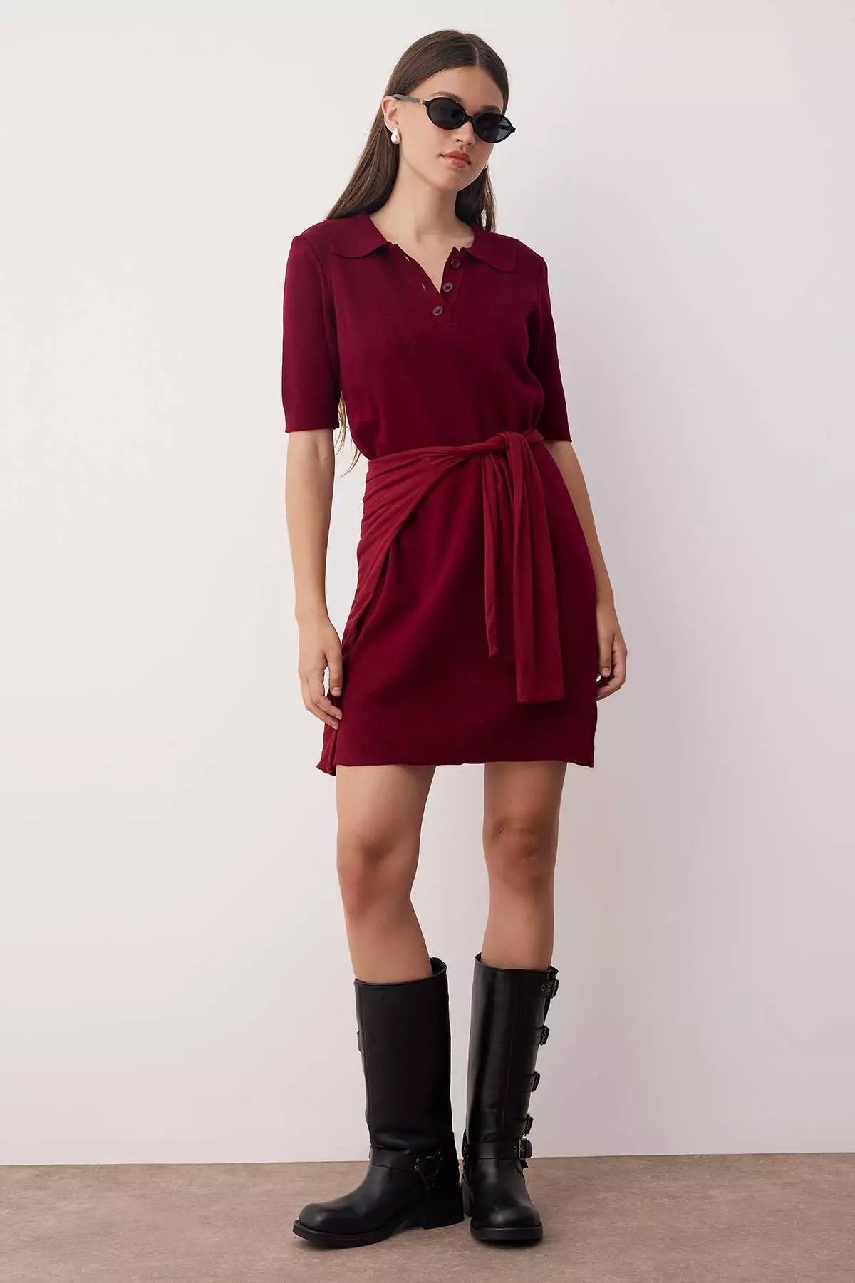 Burgundy Color Block Short / Mini Polo Neck Knitwear Dress Twoaw26El15