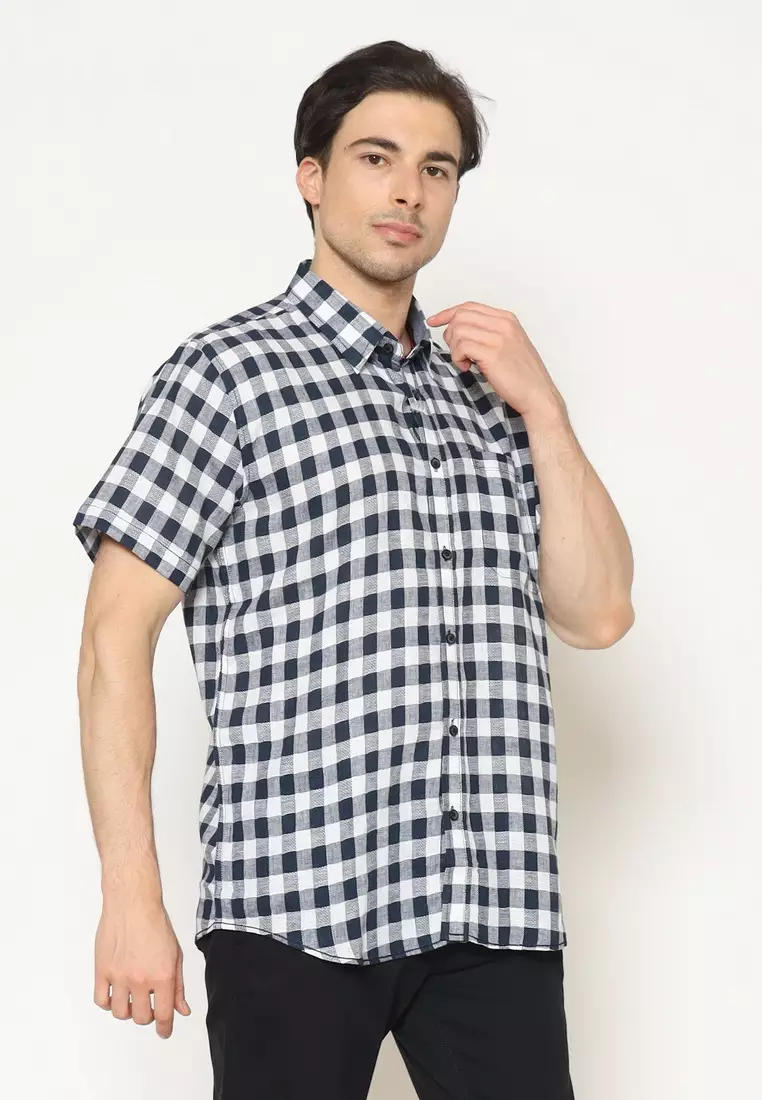 POLICE Kemeja Kotak Linen Biru Regular Fit Pria