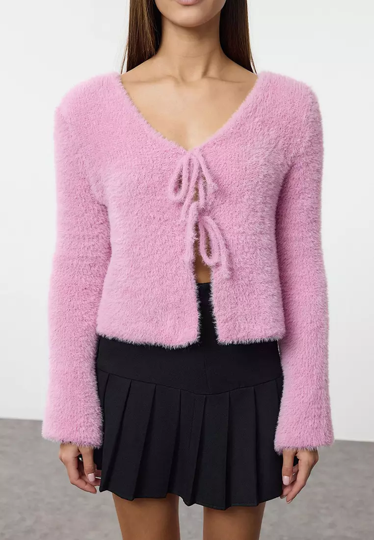 粉紅色短版羽毛綁帶針織外套 TWOAW25HI00111