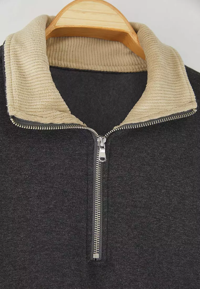 Anthracite Collar Detailed Stand Collar Oversize/Wide Cut Thick/Inner Polar Fleece Sweatshirt Tmnaw26Sw00003