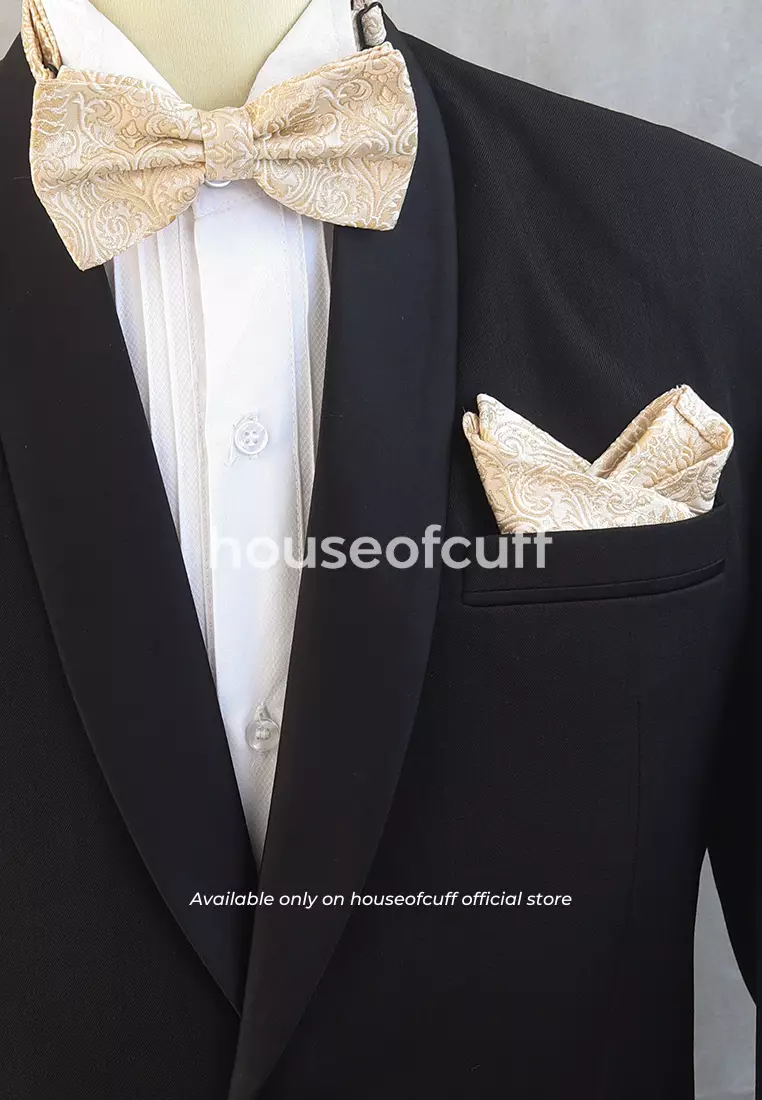 Houseofcuff dasi kupu pria bowtie pocket square jacquard Cream motif
