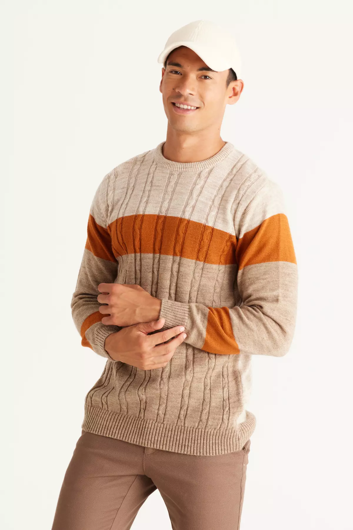 Beige-Mink Standard Fit Regular Cut Crew Neck Colorblock Patterned Knitwear Sweater