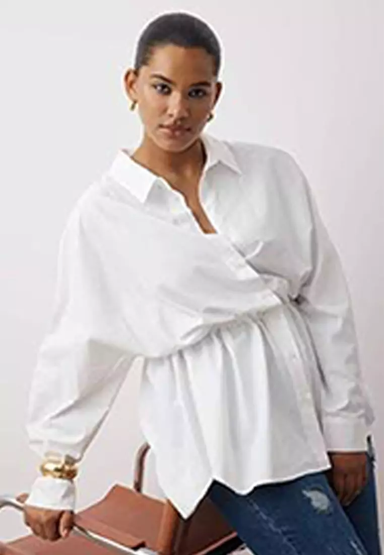 米白色 皺褶 梭織 加大碼 恤衫 Tbbaw26Ax00000