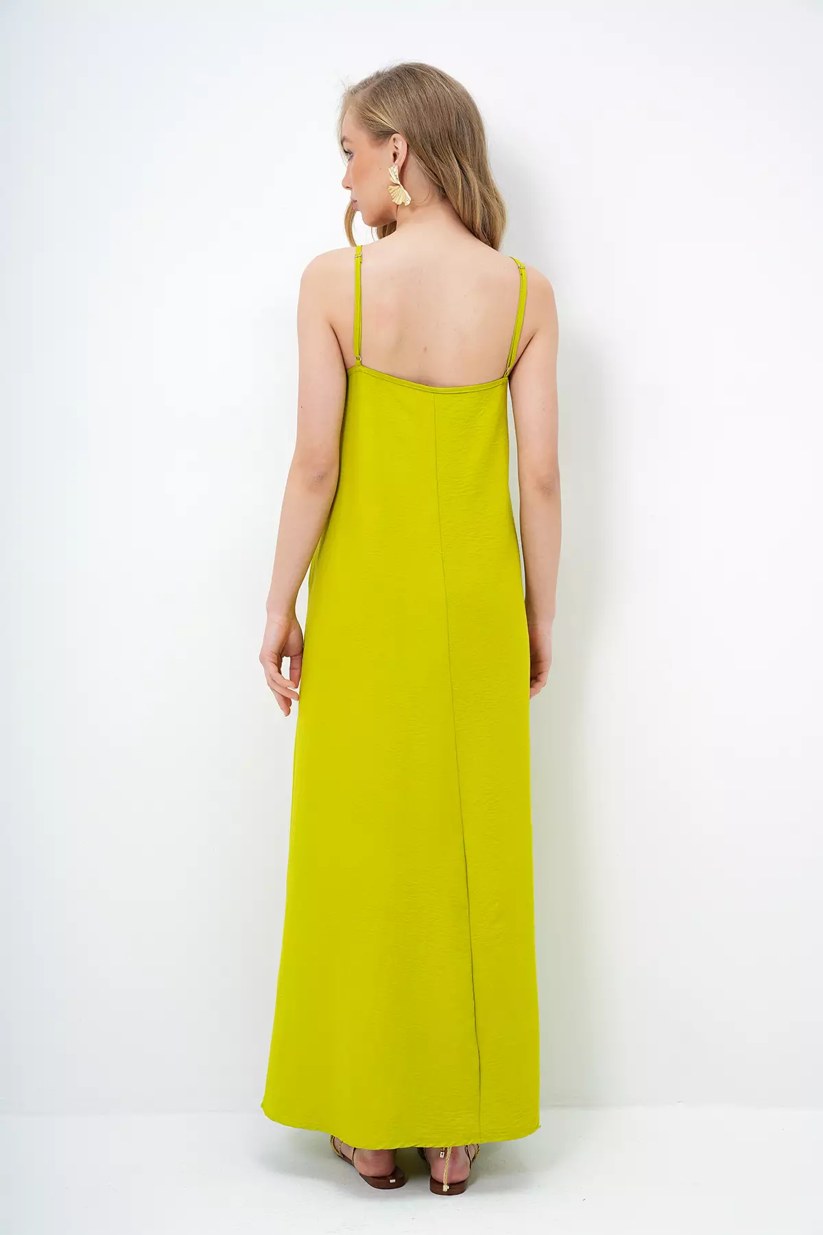 Women's Oil Green Adjustable Strap V-Neck Aerobin Summer Dress Alc-X14067