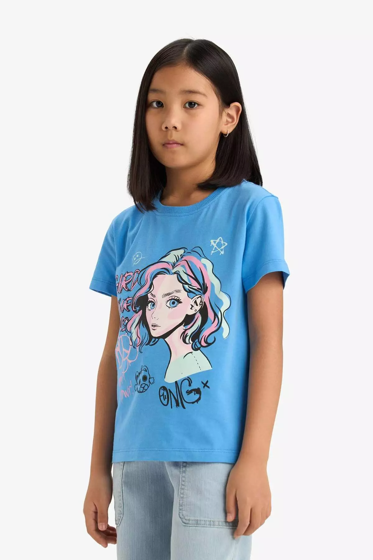 Girl's Crew Neck Anime Printed Short Sleeve T-Shirt E0350A825Sm