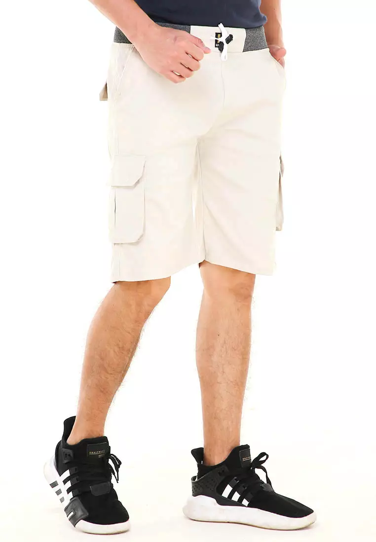 Rishham Celana Pendek Cargo Pria Button Pockets Sporty Short Pants Material Cotton ORIGINAL - Cream