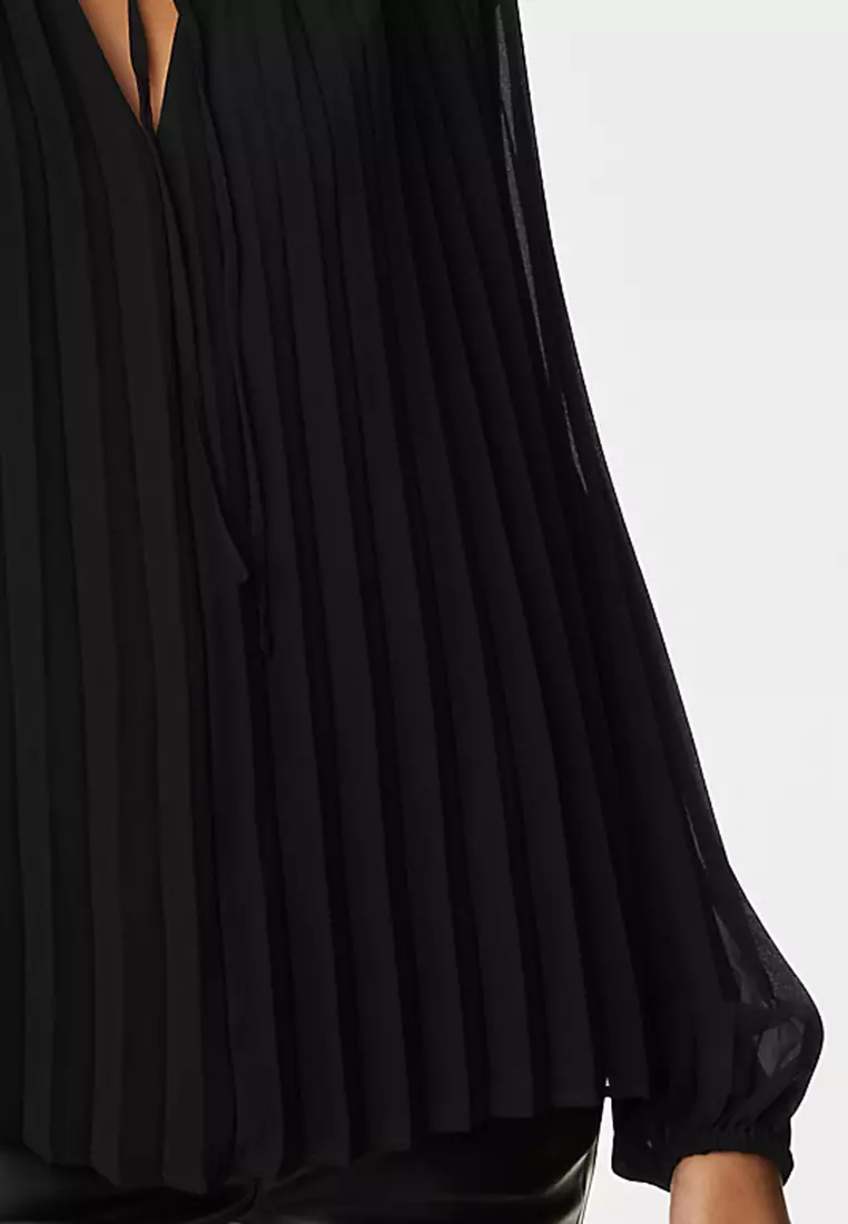 Pleated Tie Neck Popover Blouse