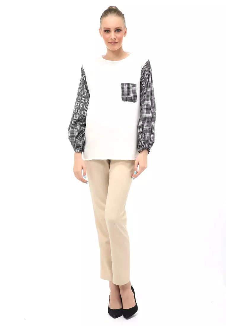 Shana Blouse Dual Tone Color Lengan Puff Atasan Wanita - Denim