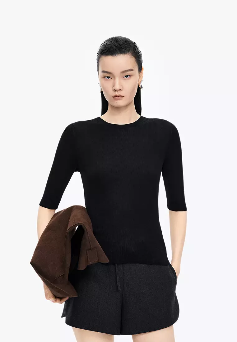 桑蚕丝棉修身短袖套头针织衫